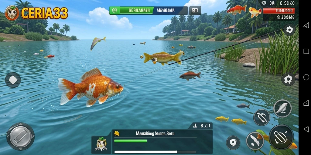 Screenshot utama CERIA33 menampilkan aksi memancing yang mendebarkan dengan ikan besar yang ditangkap.