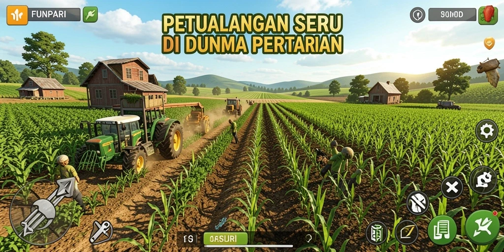 Screenshot gameplay FUNPARI memperlihatkan kebun yang subur dan berwarna-warni.