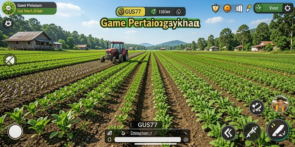 Tampilan utama gameplay GUS77 dengan ladang yang subur.