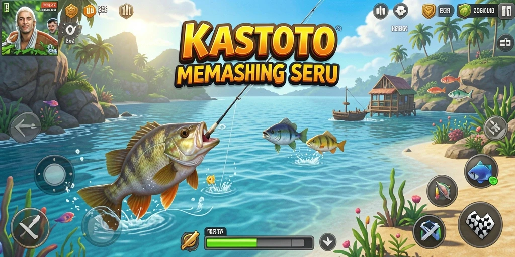 Screenshot gameplay KASTOTO menampilkan aksi memancing yang seru.