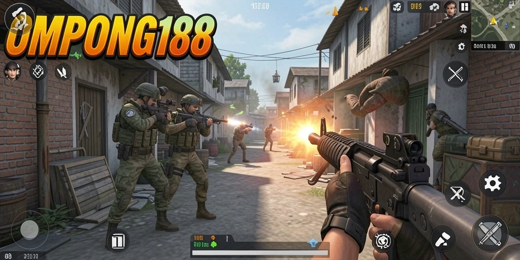 Skrinsut gameplay OMPONG188 menunjukkan aksi tembak-menembak yang intens.
