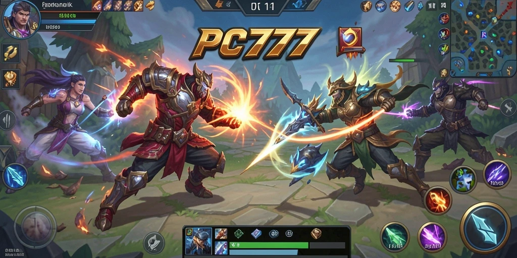 Tangkapan layar utama PC777 menampilkan aksi gameplay MOBA yang seru.