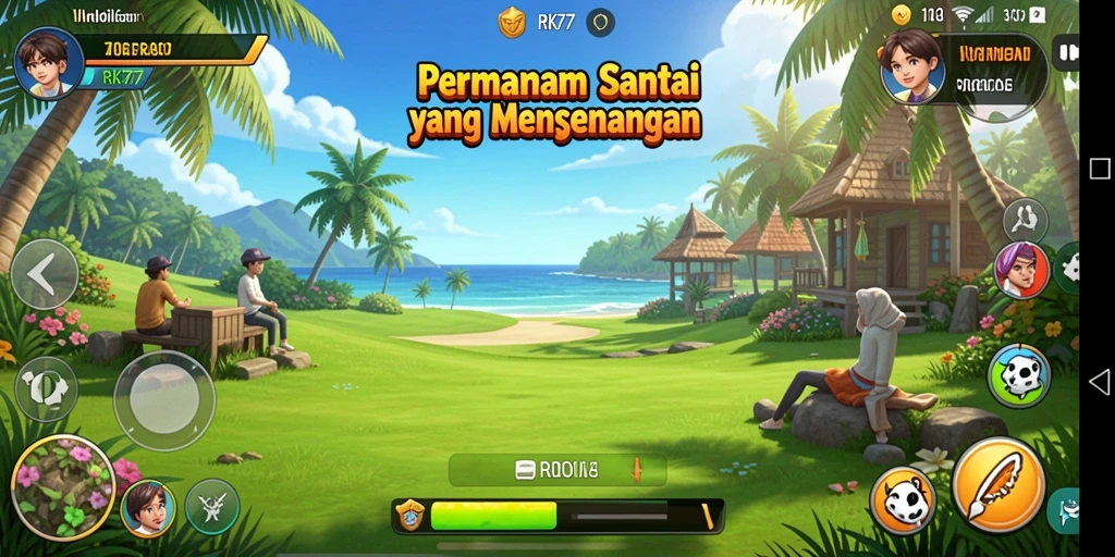 Tangkapan layar menampilkan gameplay RK77 yang ceria dan interaktif.