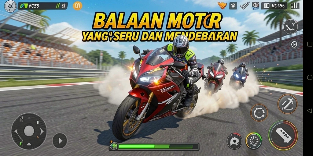Tampilan gameplay VC55 yang mendebarkan saat balapan motor.